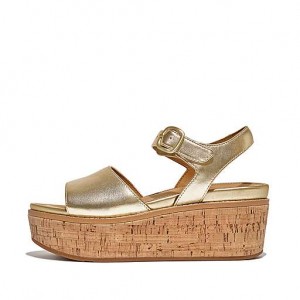 Black FitFlop ELOISE Cork-Wrap Metallic-Leather Back-Strap Wedge Women's Sandals | NH8951760