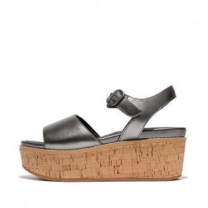 Black FitFlop ELOISE Cork-Wrap Metallic-Leather Back-Strap Wedge Women's Sandals | OV3506821