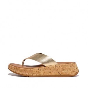 Black FitFlop F-MODE Metallic Leather/Cork Flatform Toe-Post Women's Sandals | IH3716052