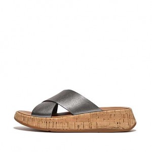 Black FitFlop F-MODE Metallic Leather/Cork Flatform Cross Women's Slides | UP6429571