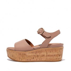 Brown FitFlop ELOISE Cork-Wrap Leather Wedge Women's Sandals | OH8753104