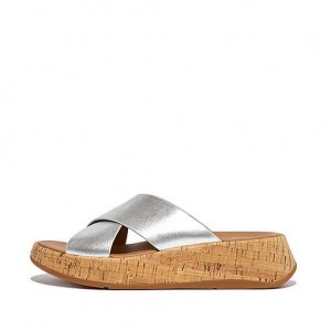 Brown FitFlop F-MODE Metallic Leather/Cork Flatform Cross Women's Slides | OV2348976