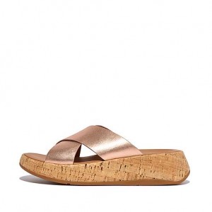 Navy FitFlop F-MODE Metallic Leather/Cork Flatform Cross Women's Slides | TS0483715