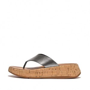 White FitFlop F-MODE Metallic Leather/Cork Flatform Toe-Post Women's Sandals | AO6185043