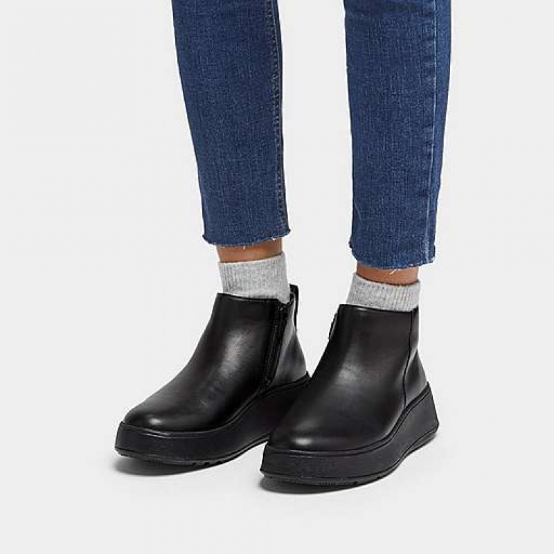 Black FitFlop F-MODE Leather Flatform Zip Women's Boots | AU9157403