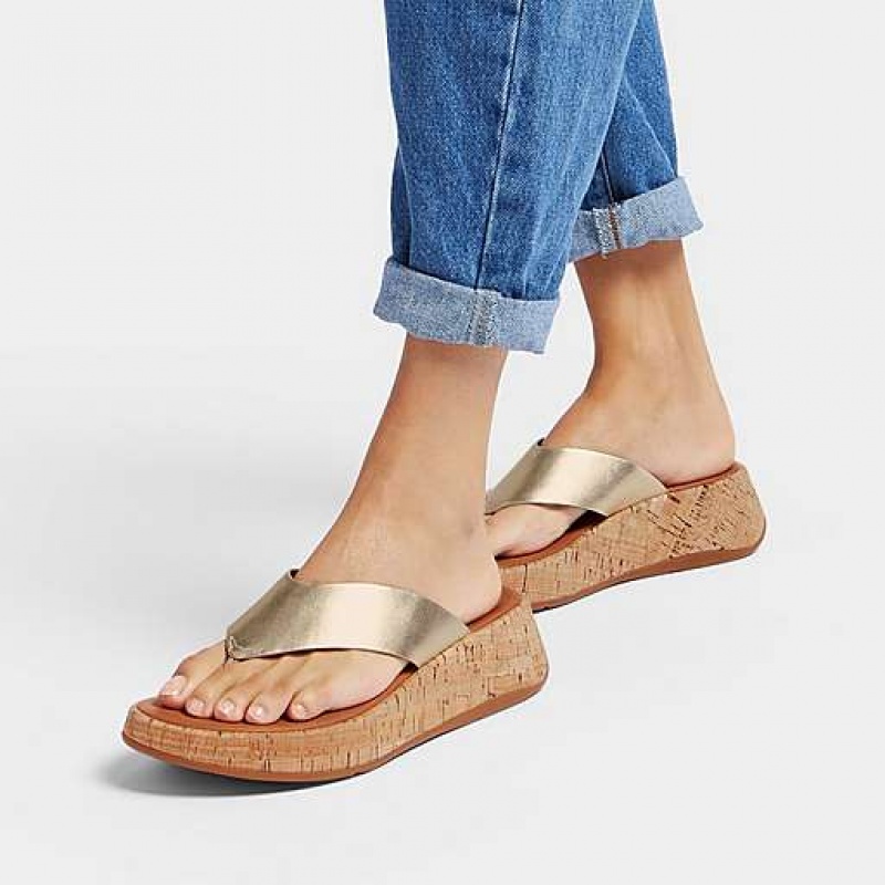 Black FitFlop F-MODE Metallic Leather/Cork Flatform Toe-Post Women's Sandals | IH3716052