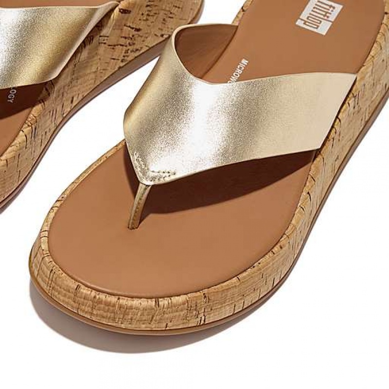 Black FitFlop F-MODE Metallic Leather/Cork Flatform Toe-Post Women's Sandals | IH3716052