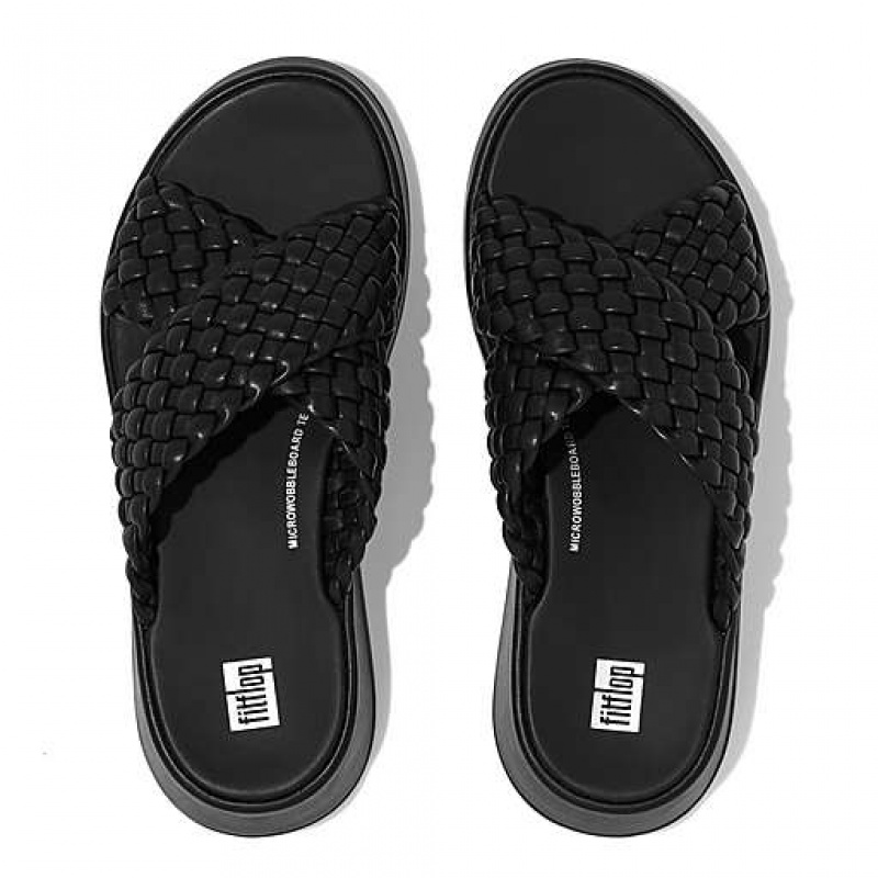 Black FitFlop F-MODE Woven-Leather Flatform Cross Women's Slides | PB1490536