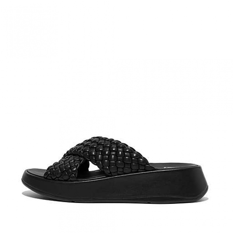 Black FitFlop F-MODE Woven-Leather Flatform Cross Women\'s Slides | PB1490536