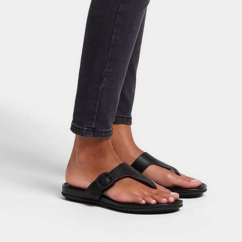 Black FitFlop GRACIE Matt-Buckle Leather Toe-Post Women's Sandals | WY6581234