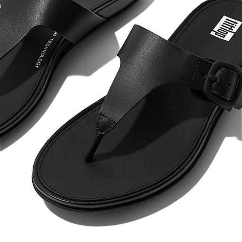 Black FitFlop GRACIE Matt-Buckle Leather Toe-Post Women's Sandals | WY6581234