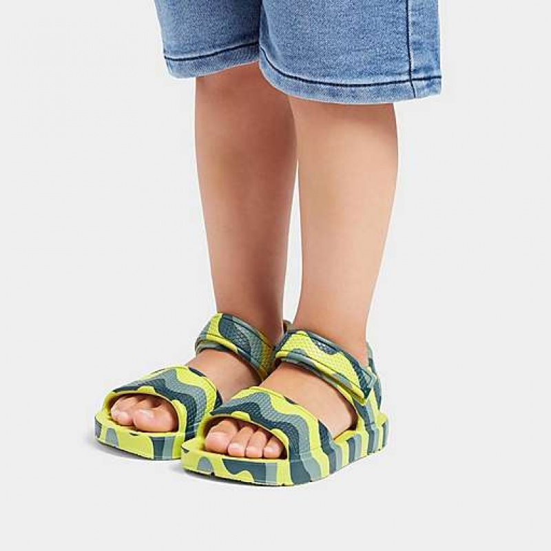 Black FitFlop IQUSHION Wave-Print Ergonomic Back-Strap Kids' Sandals | FS8462713