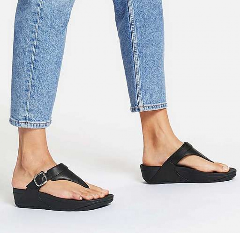 Black FitFlop LULU Adjustable Leather Toe-Posts Women's Flip Flops | CZ3627519