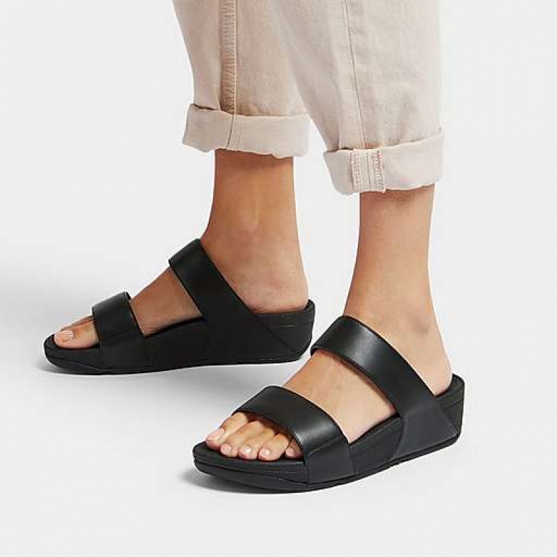 Black FitFlop LULU Adjustable Leather Women's Slides | CA2378419