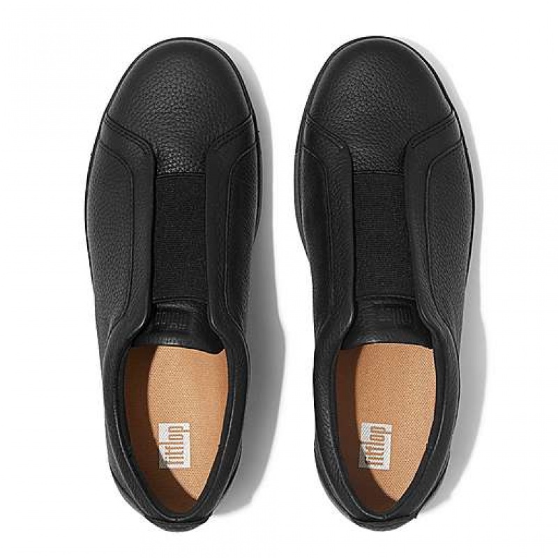 Black FitFlop RALLY Elastic Tumbled-Leather Slip-On Women's Sneakers | YQ1539640