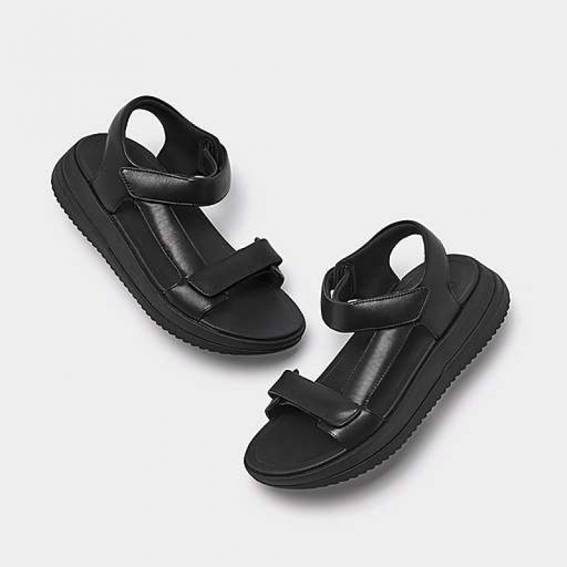 Black FitFlop SURFF Adjustable Leather Back-Strap Women's Sandals | VA6945827