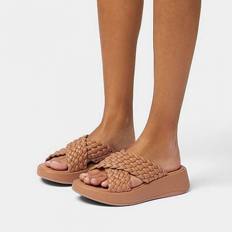 Brown FitFlop F-MODE Woven-Leather Flatform Cross Women's Slides | OV3915476