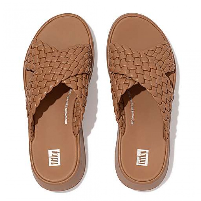 Brown FitFlop F-MODE Woven-Leather Flatform Cross Women's Slides | OV3915476