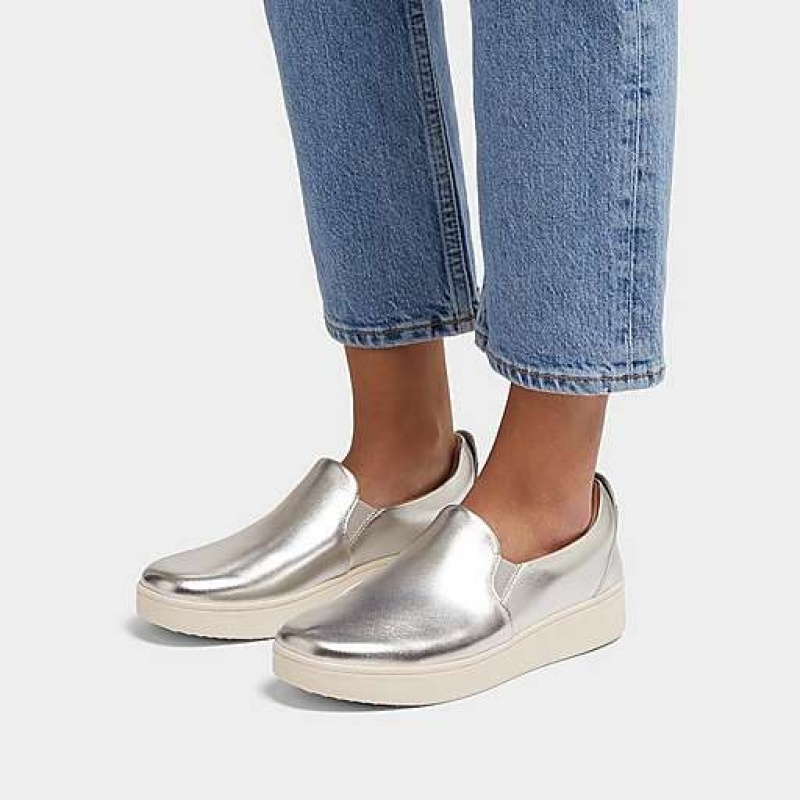 Brown FitFlop RALLY Metallic-Leather Slip-On Skate Women's Sneakers | RT6150324