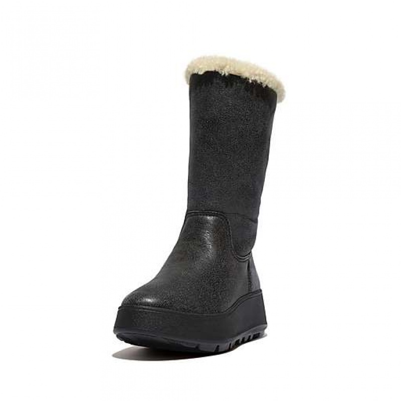 Green FitFlop F-MODE Double-Faced Shearling Leather Flatform Calf Women's Boots | QJ6389471