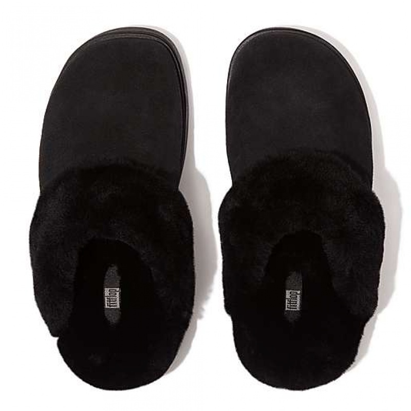 Green FitFlop GEN-FF Shearling-Collar Suede Women's Slippers | UK5419236