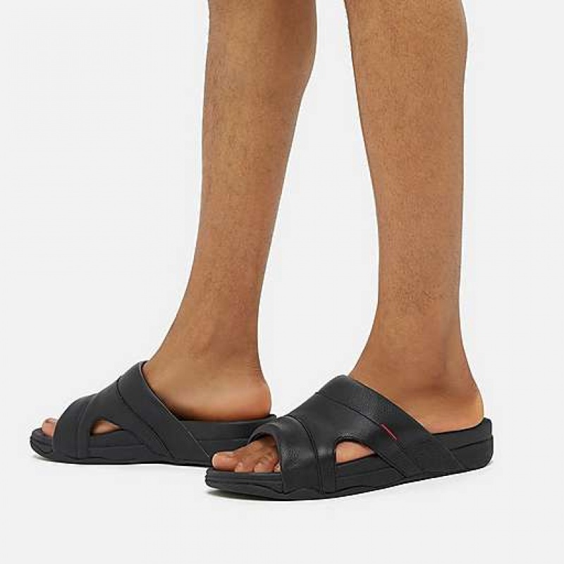 Grey FitFlop FREEWAY Leather Pool Men's Slides | VK4952137