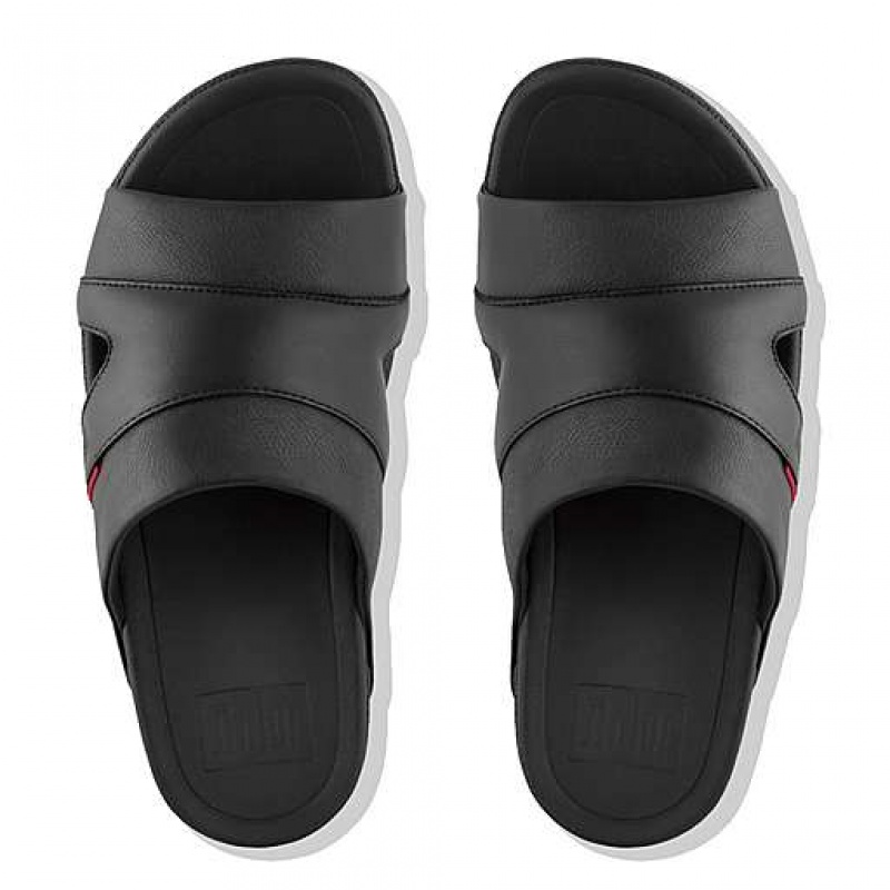 Grey FitFlop FREEWAY Leather Pool Men's Slides | VK4952137