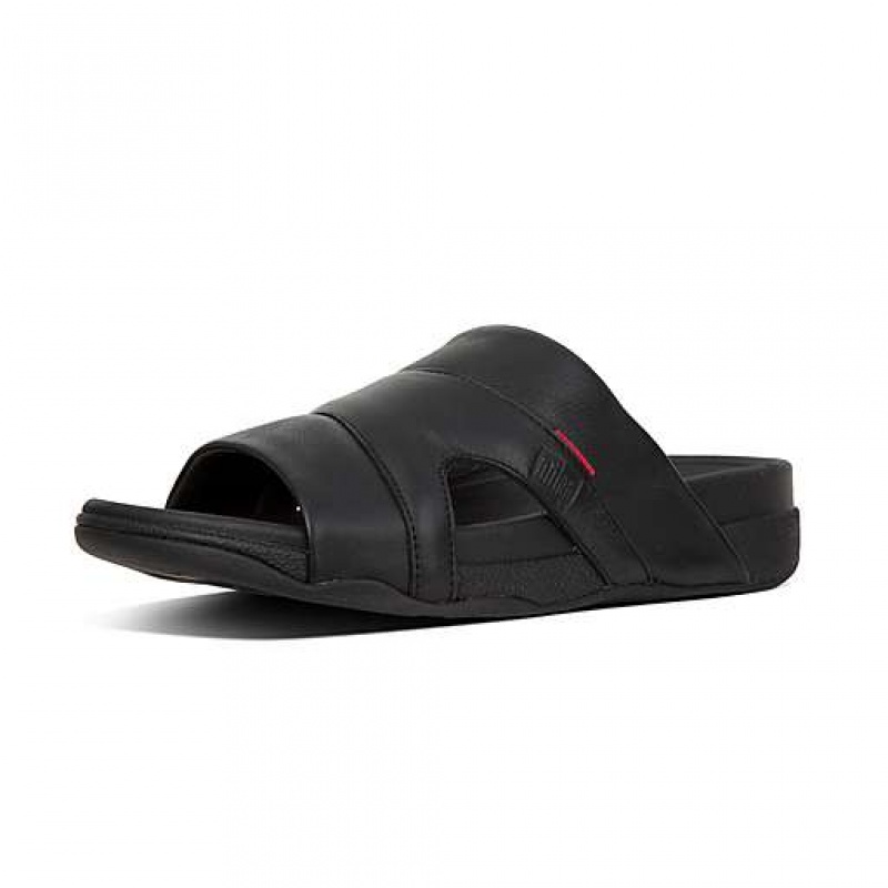 Grey FitFlop FREEWAY Leather Pool Men's Slides | VK4952137