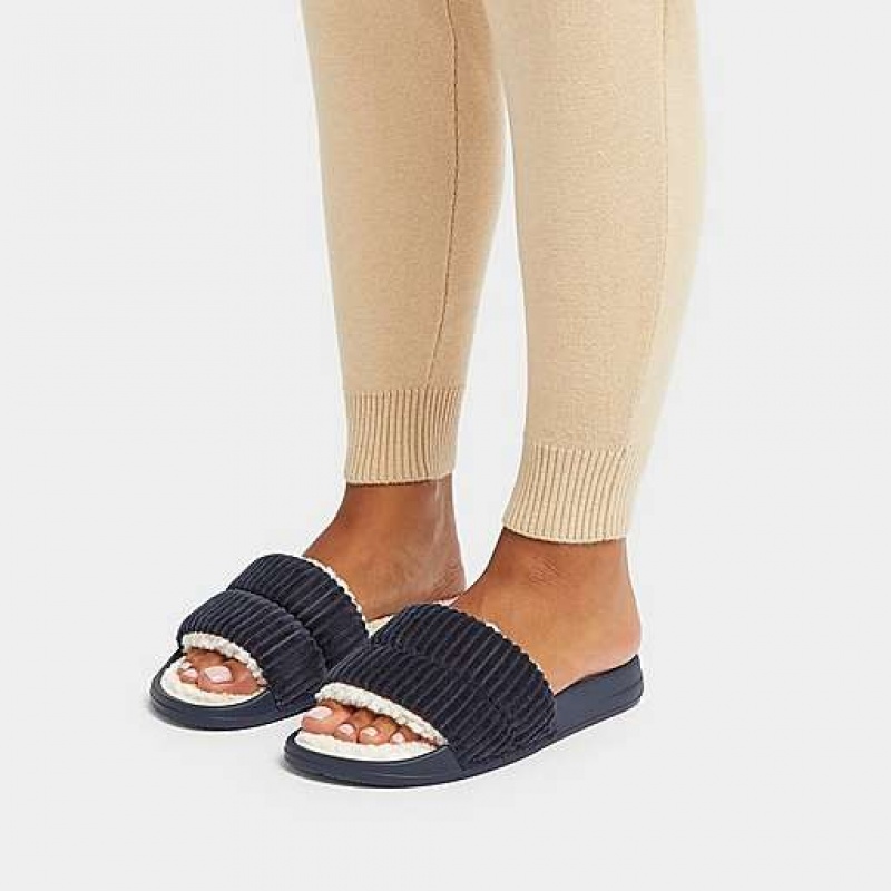 Metal / Black FitFlop IQUSHION Biofleece-Lined Corduroy Women's Slides | AL1328645