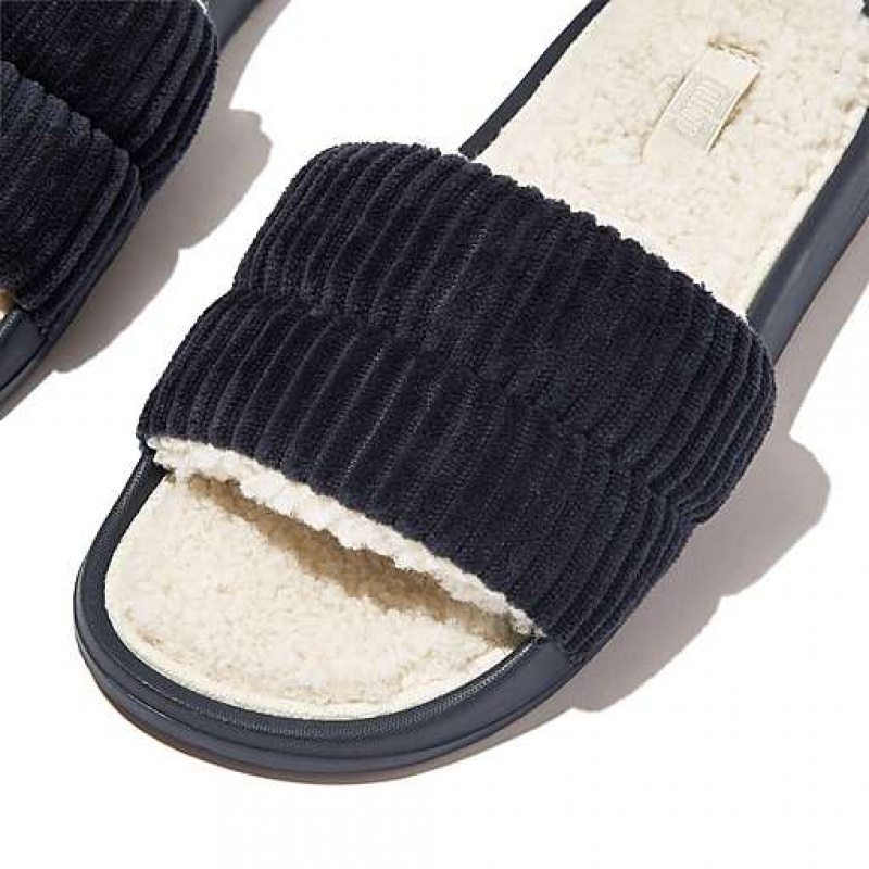 Metal / Black FitFlop IQUSHION Biofleece-Lined Corduroy Women's Slides | AL1328645