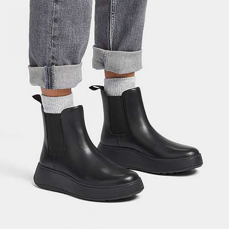 Navy FitFlop F-MODE Leather Flatform Women's Boots | OM4687239