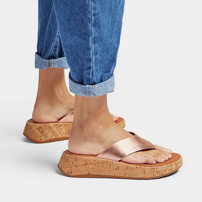 Navy FitFlop F-MODE Metallic Leather/Cork Flatform Toe-Post Women's Sandals | IR5678402