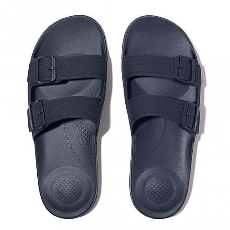 Navy FitFlop IQUSHION IQUSHION Two-Bar Buckle Men's Slides | VI5908167