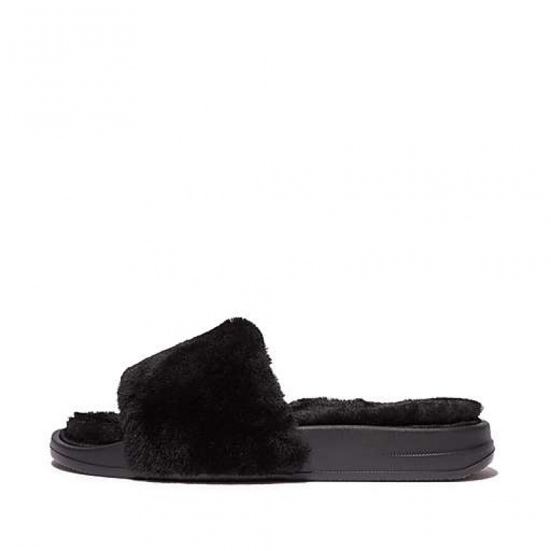 Navy FitFlop IQUSHION Shearling Women\'s Slides | RE3259048