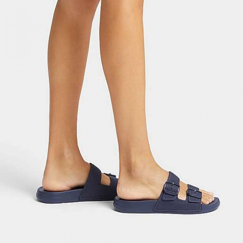 Navy FitFlop IQUSHION Two-Bar Buckle Women's Slides | WF3697582