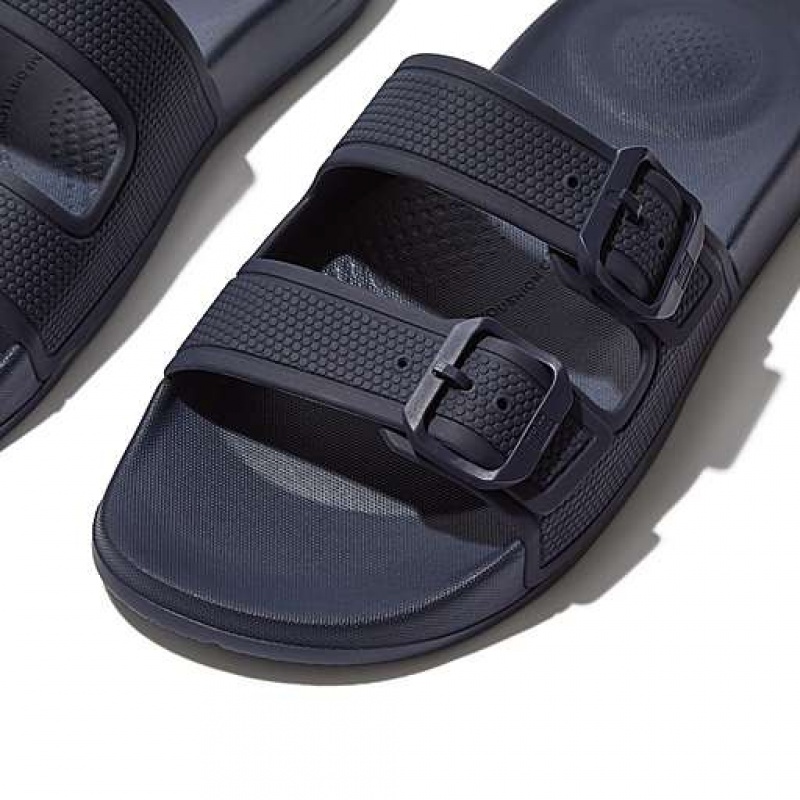 Navy FitFlop IQUSHION Two-Bar Buckle Women's Slides | WF3697582