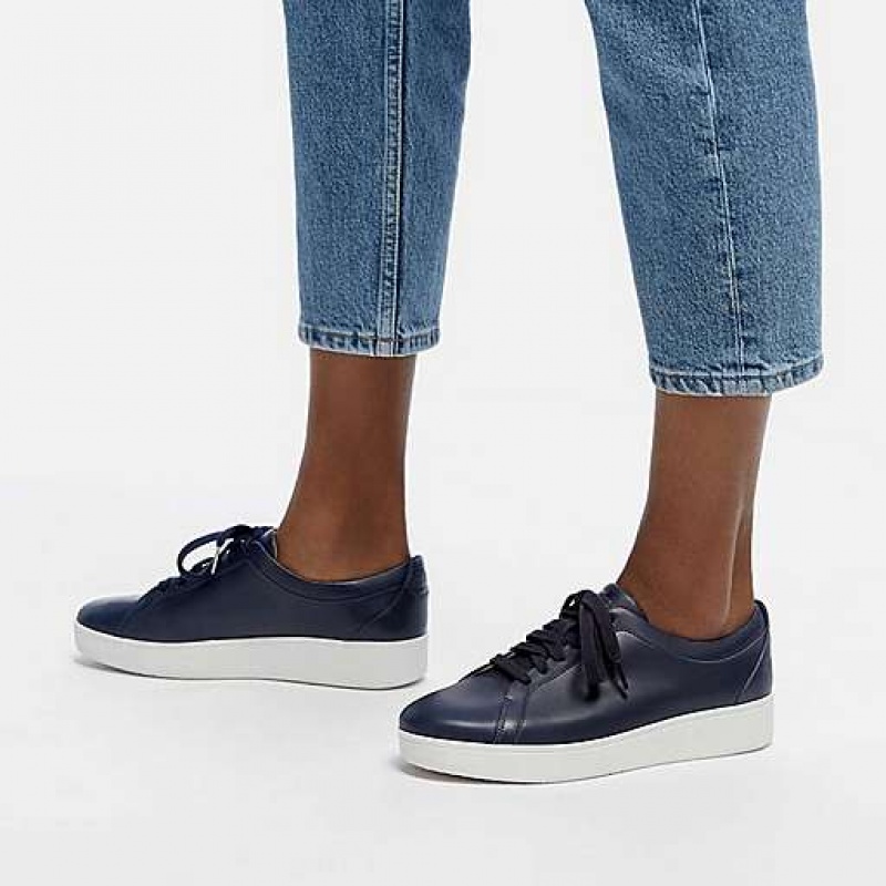 Navy FitFlop RALLY Leather Women's Sneakers | KZ9706324