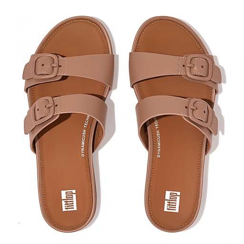 Pink FitFlop GRACIE Buckle Two-Bar Leather Women's Slides | IT4256019