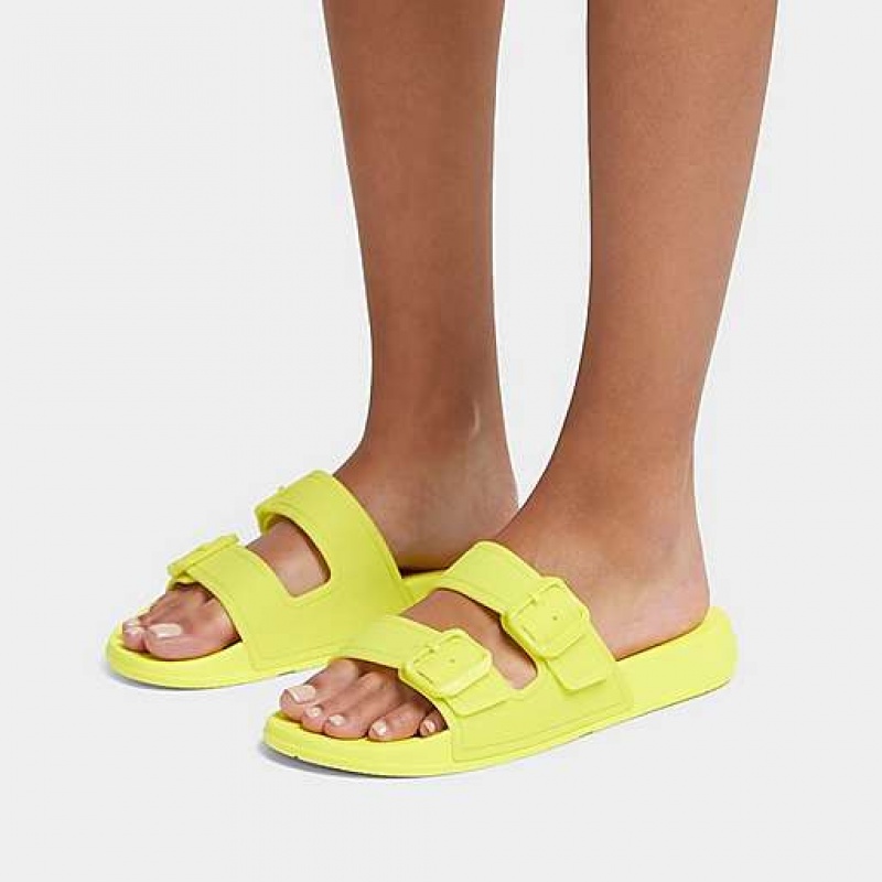 White FitFlop IQUSHION Glow-In-The-Dark Two-Bar Buckle Women's Slides | ZR4721839